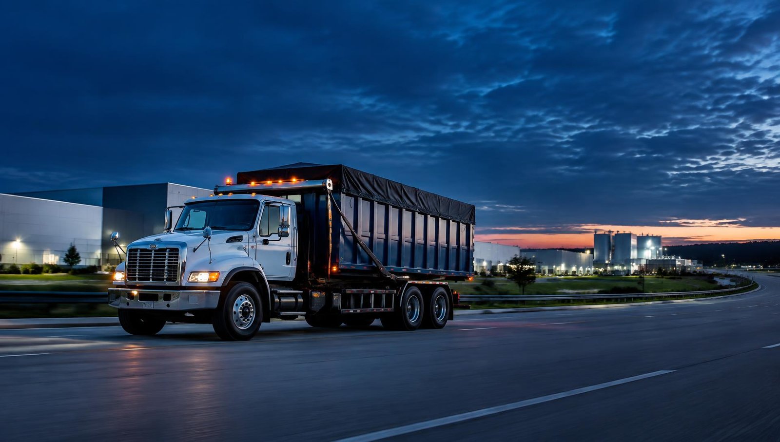 Roll-off haul truck carrying a covered waste container at dusk near an industrial park