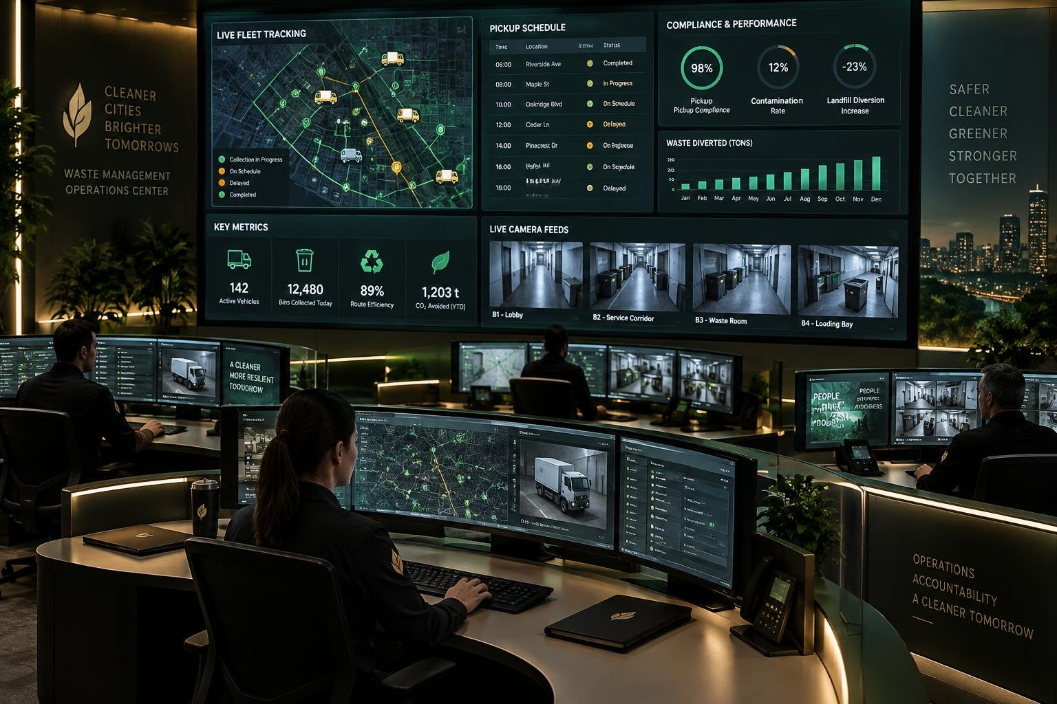 Operations control center with live dashboards tracking pickups, compliance, and building corridor feeds